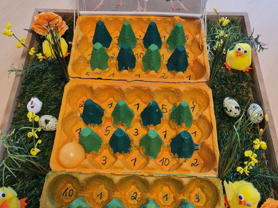 Eine bunte Osterdekoration in einem Holztablett. Darin befinden sich bemalte Eierschalen mit Zahlen von 1 bis 10, kleine grüne Tannenbäume aus Papier und niedliche Kükenfiguren. Im Hintergrund ist ein Bild von drei Hühnern mit Federn und Bändern zu sehen.