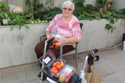 Eine ältere Frau sitzt mit Obst auf ihrem Rollator in einem Garten.