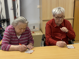 Zwei ältere Frauen spielen Bingo und markieren ihre Karten am Tisch.