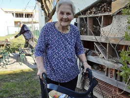 Eine ältere Frau mit grauem Haar und einem blauen, gepunkteten Shirt steht lächelnd neben einem Rollator. In dem Rollator befindet sich ein Korb mit Obst. Im Hintergrund sind Gartenmöbel und ein Schuppen sichtbar.