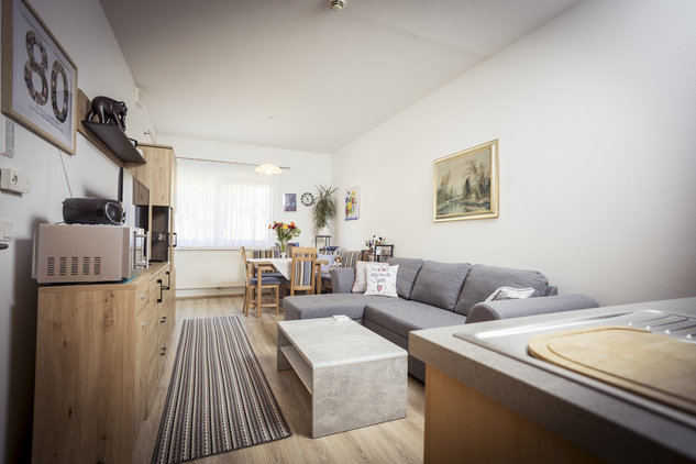 Helle, gemütliche Wohnküche mit Sofa, Esstisch und Pflanzen.