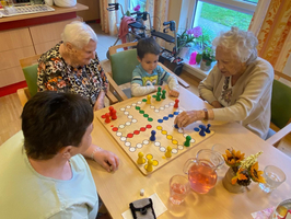 Vier Personen spielen zusammen ein Brettspiel in einem gemütlichen Raum.