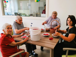 Vier Personen, die frische Himbeeren auf einem Tisch verarbeiten.