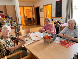 Drei ältere Frauen sitzen an einem Tisch in einem Gemeinschaftsraum und bereiten Lebensmittel vor. Eine Frau schält Obst, während die anderen mit anderen Tätigkeiten beschäftigt sind. Im Hintergrund sieht man einen Pfleger und eine weitere Person, die entspannt auf einem Sessel liegt.