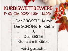 Kürbiswettbewerb am 3. Oktober 2025, der größte und schönste Kürbis gesucht.
