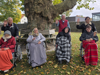 Sechs Personen in Rollstühlen winken fröhlich unter einem großen Baum.