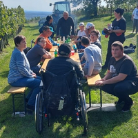 Gruppe von Menschen sitzt an einem Tisch im Freien, umgeben von Weinreben.