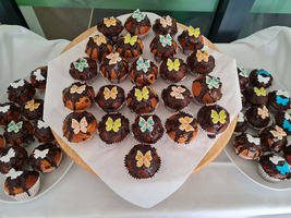 Bunte Muffins mit Schokolade und bunten Schmetterlingen auf der Oberfläche.