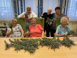 Sechs ältere Frauen halten Lavendelblüten und lächeln gemeinsam.