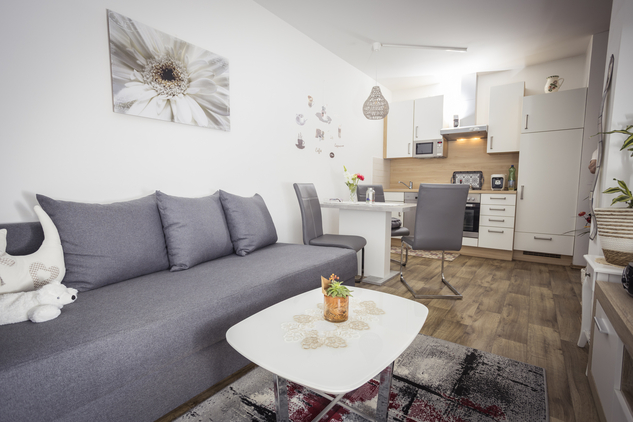 Moderne Wohnküche mit grauem Sofa, Esstisch und Pflanzen.