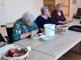 Ältere Frauen schneiden Äpfel und unterhalten sich an einem Tisch.