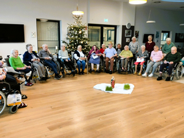Ältere Menschen in Rollstühlen versammeln sich um eine Weihnachtsdekoration.