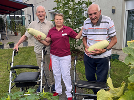 Drei Personen halten Zucchini in einem Garten, umgeben von Pflanzen und Rollatoren.